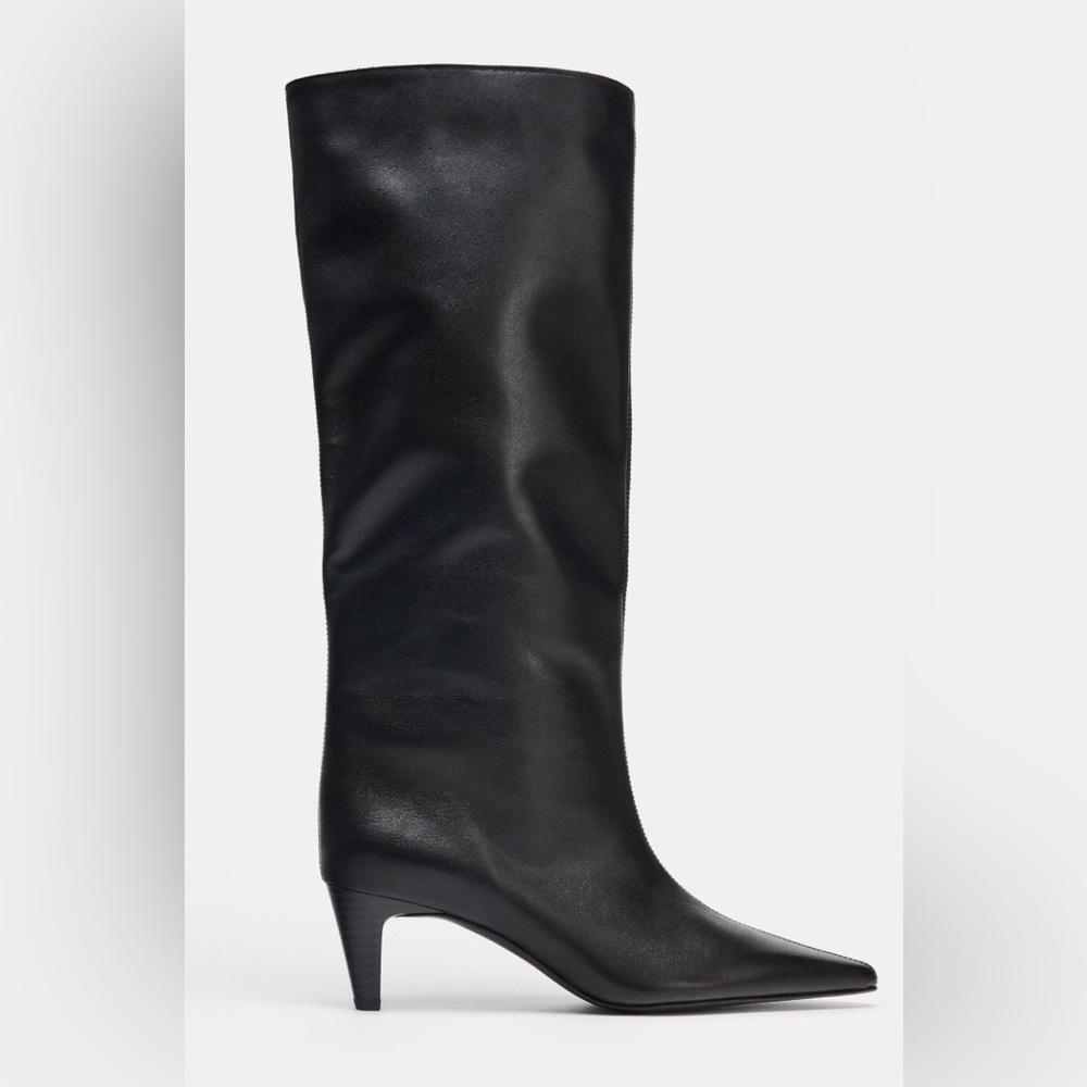Zara Kitten Heel Black Knee-High Leather Boots
